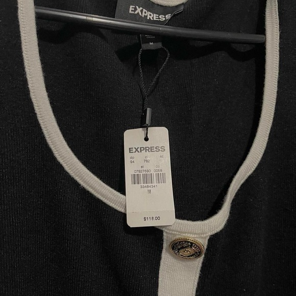 Scoop Neck Puff Sleeve Novelty Button Tipped Midi Sweater Dress: Express - Picture 4 of 5